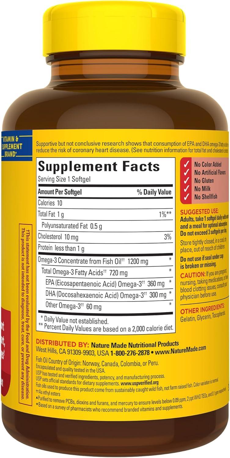 imageNature Made Fish Oil Omega 3 Supplements Omega 3 Fish Oil as Ethyl Esters 1200 mg Softgels EPA DHA Supplement for Healthy Heart Brain Eye Support One Per Day 100 Softgels