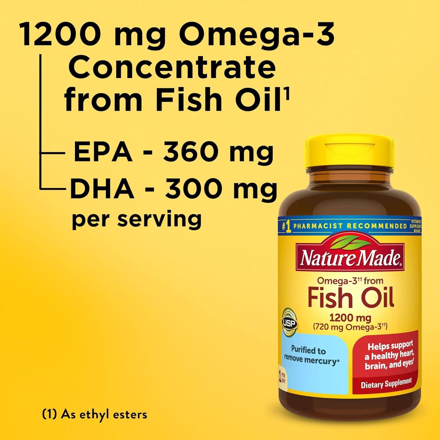 imageNature Made Fish Oil Omega 3 Supplements Omega 3 Fish Oil as Ethyl Esters 1200 mg Softgels EPA DHA Supplement for Healthy Heart Brain Eye Support One Per Day 100 Softgels