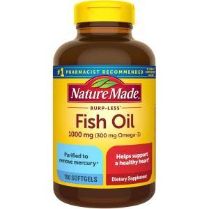 Nature Made Burp Less Fish Oil Omega 3 Supplements, 1000mg Softgels, Omega 3 Fish Oil Supplements for Healthy Heart Support, 150 Softgels, 75 Day Supply(150 Count (Pack of 1))