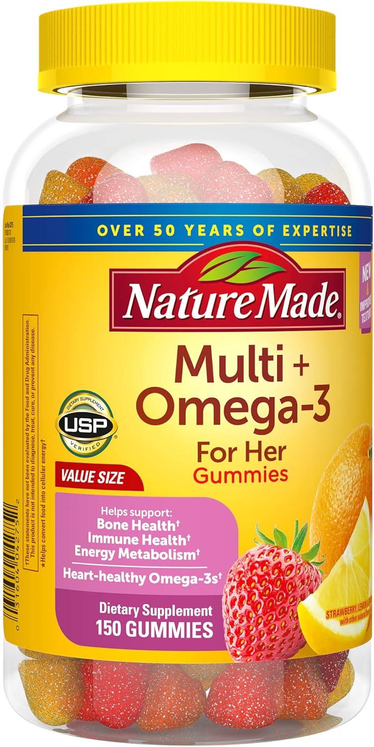 imageNature Made Womens Gummy Multivitamins with Omega3 Multivitamin for Women for Daily Nutritional Support 150 Gummies 75 Day SupplyStrawberry Lemon Orange