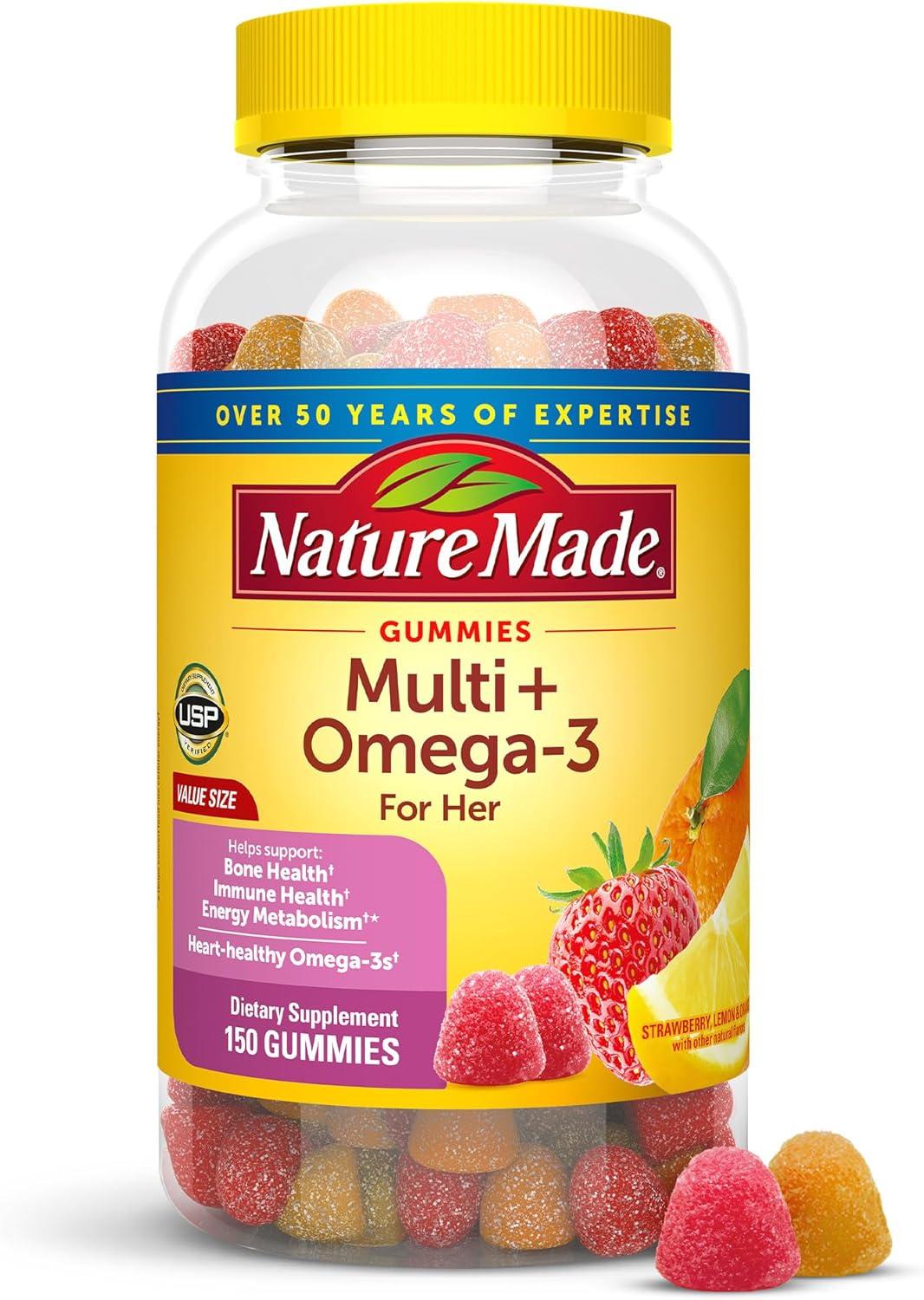 imageNature Made Womens Gummy Multivitamins with Omega3 Multivitamin for Women for Daily Nutritional Support 150 Gummies 75 Day SupplyStrawberry Lemon Orange
