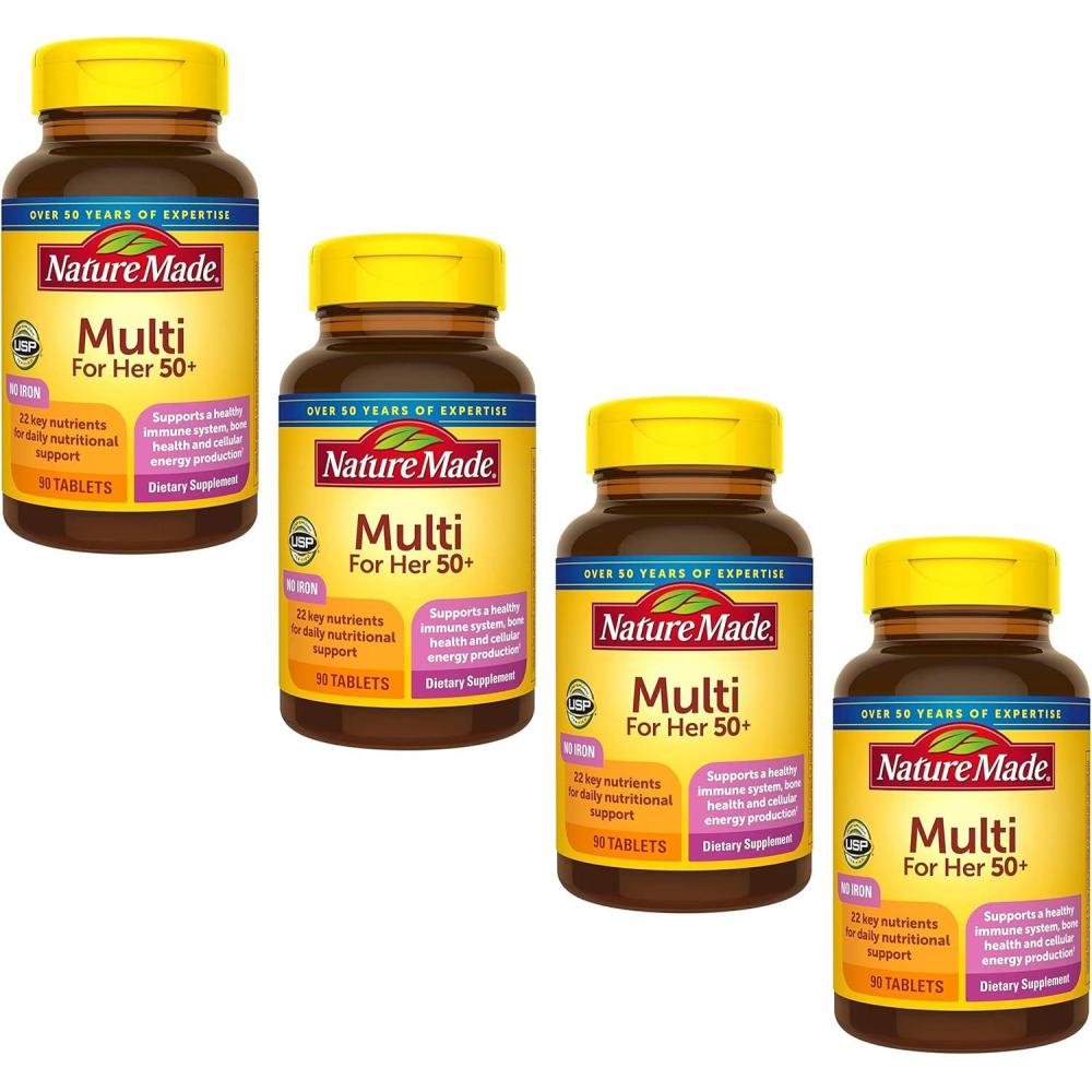 imageNature Made Multivitamin For Women 50 No Iron Multivitamins for Women 50 Plus Daily Nutritional Support Nature Made Multi Vitamins 90 Tablets 90 Day Supply90 Count Pack of 4