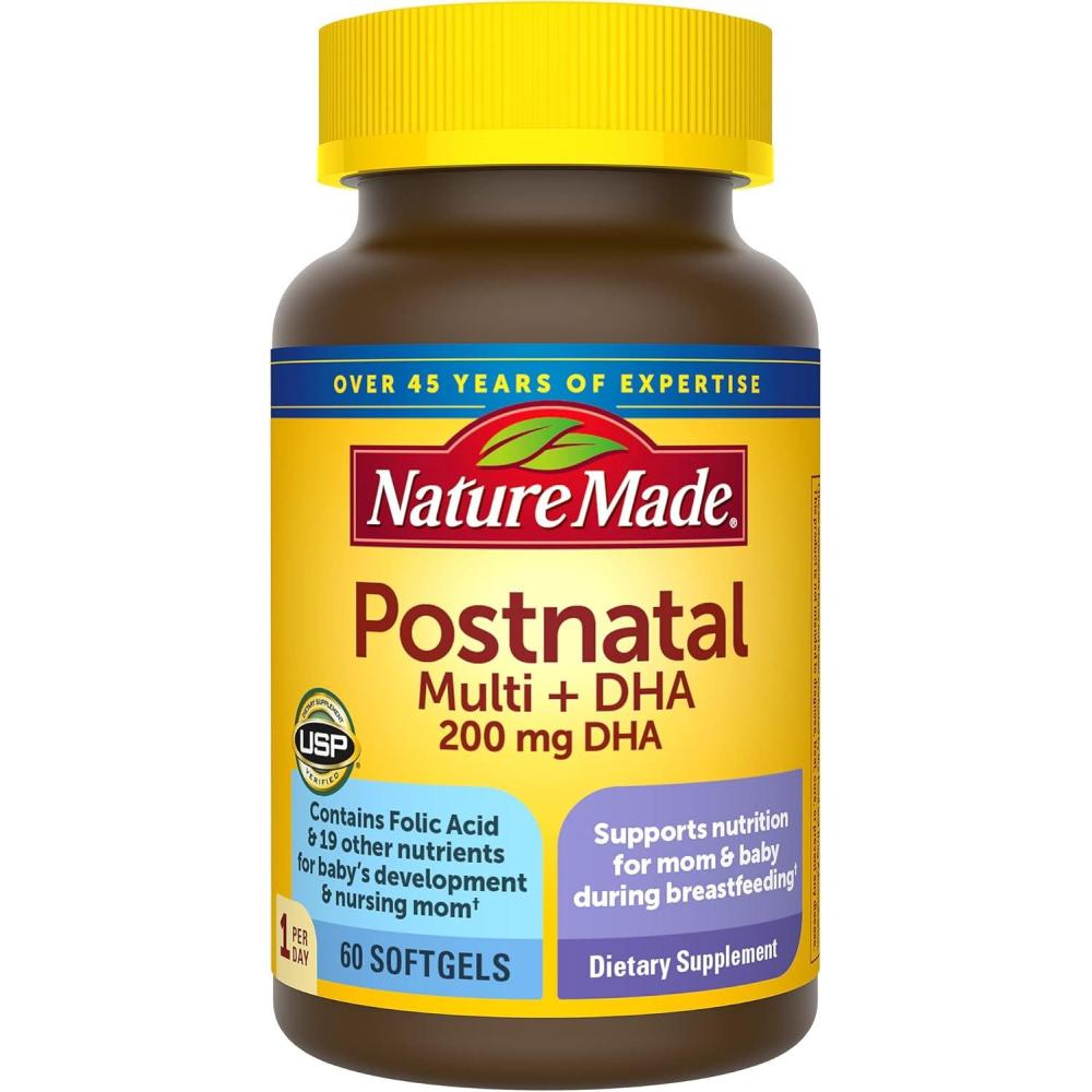 imageNature Made Postnatal Multivitamin  DHA 200 mg Postnatal Vitamins for Breastfeeding Moms amp Babies Vitamins amp Nutrients Include Iron Vitamin D3 Calcium Iodine and More 60 Softgels60 Count Pack of 1