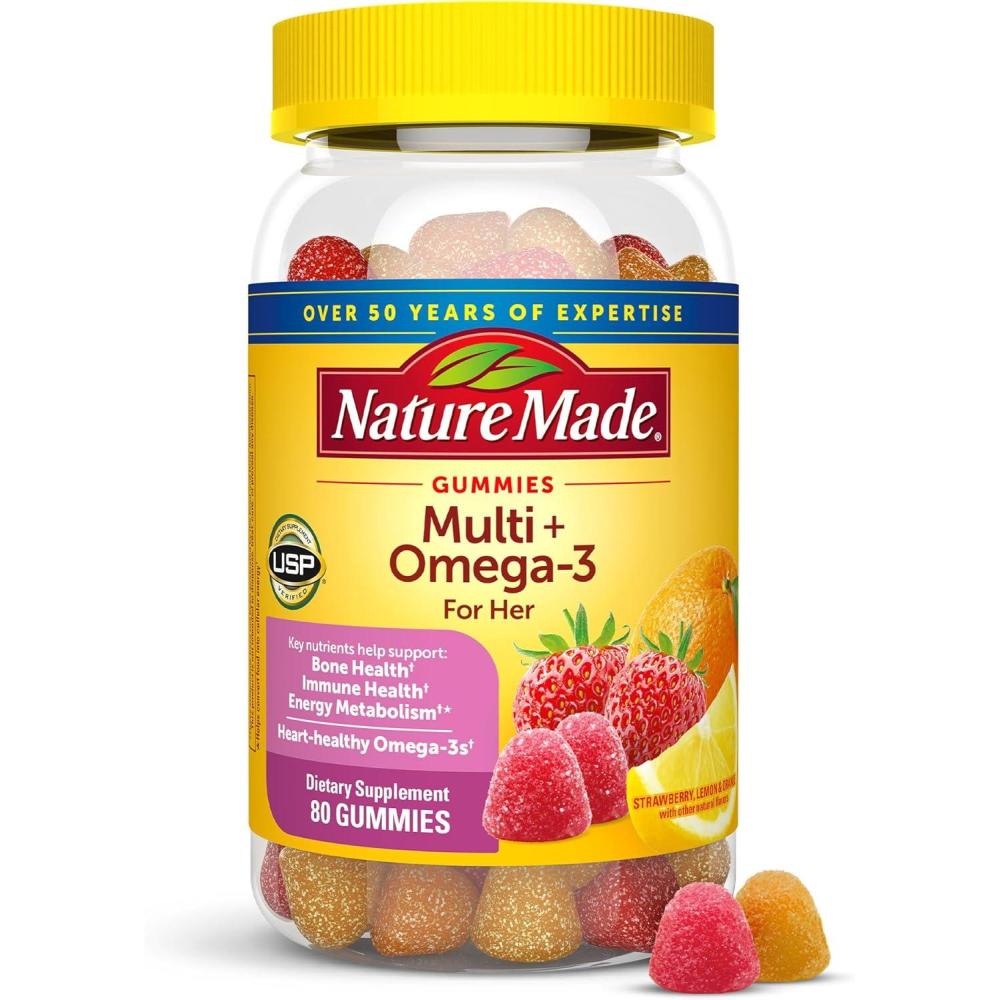 imageNature Made Womens Gummy Multivitamins with Omega3 Multivitamin for Women for Daily Nutritional Support 150 Gummies 75 Day SupplyStrawberry Lemon  Orange