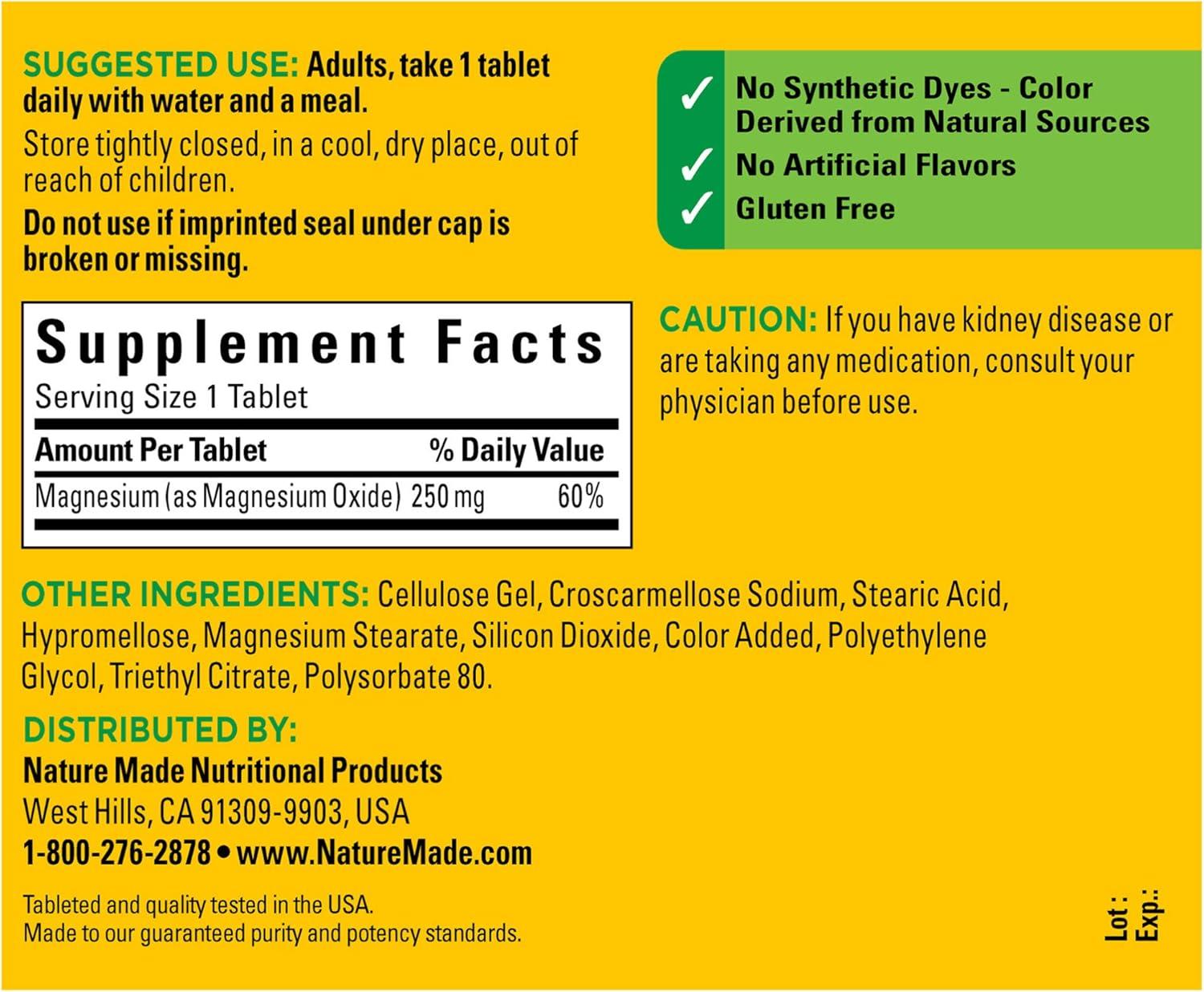 imageNature Made Magnesium Oxide 250 mg Tablets 200 Count Value Size for Nutrition Support Pack of 3