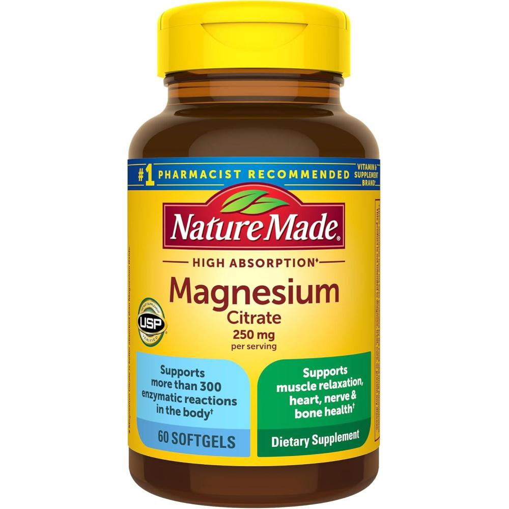 imageNature Made Magnesium Citrate 250 mg per serving Magnesium Supplements for Men and Women Supports Muscle Nerve Bone and Heart 60 Softgels 30 Day Supply60 Count Pack of 1