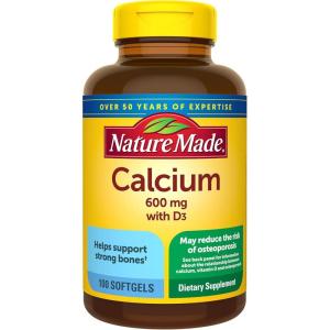Nature Made Calcium 600 mg with Vitamin D3, Dietary Calcium Supplement for Bone Support, 100 Softgels