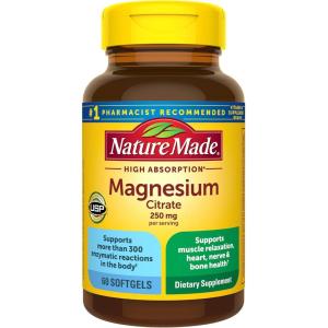 Nature Made Magnesium Citrate 250 mg per serving, Magnesium Supplements for Men and Women, Supports Muscle, Nerve, Bone and Heart, 60 Softgels, 30 Day Supply(60 Count (Pack of 1))