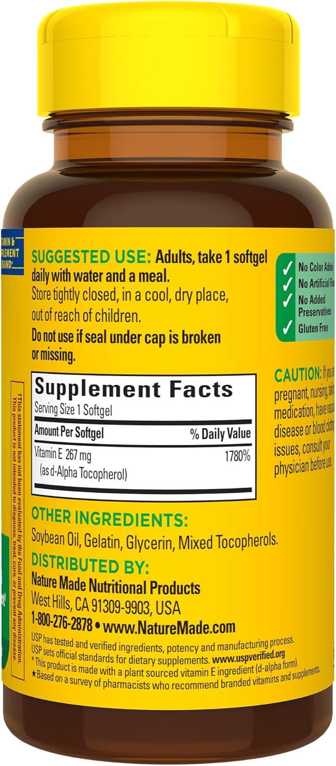 imageNature Made Vitamin E 180 mg 400 IU dlAlpha Dietary Supplement for Antioxidant and Skin Support 300 Softgels 300 Day Supply100 Count Pack of 1