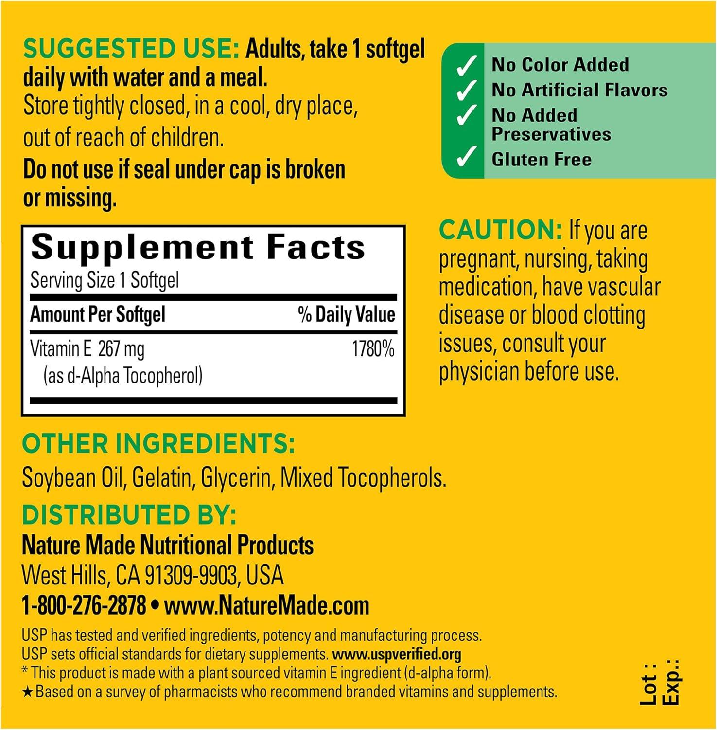 imageNature Made Vitamin E 180 mg 400 IU dlAlpha Dietary Supplement for Antioxidant and Skin Support 300 Softgels 300 Day Supply100 Count Pack of 1