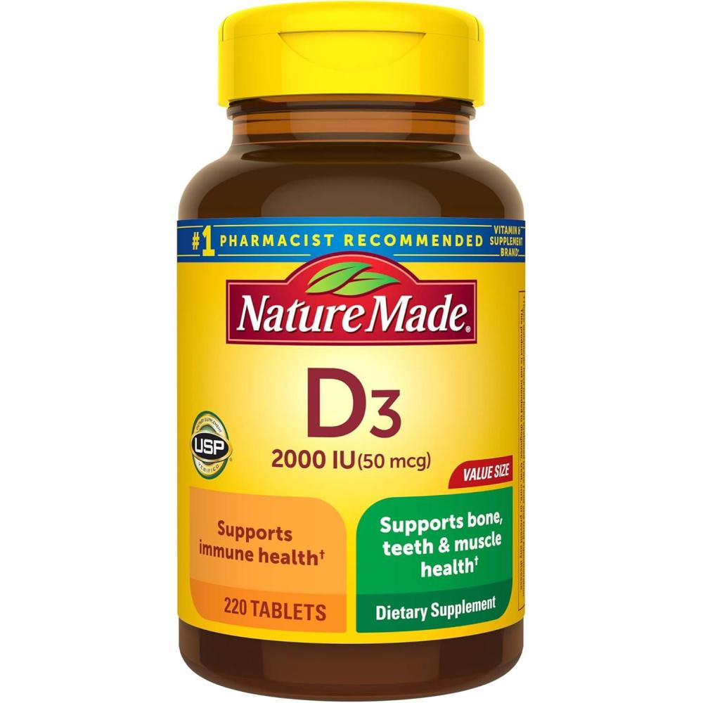 imageNature Made Vitamin D3 2000 IU 50 mcg Vitamin D Supplement for Bone Teeth Muscle and Immune Health Support 220 Tablets 220 Day Supply