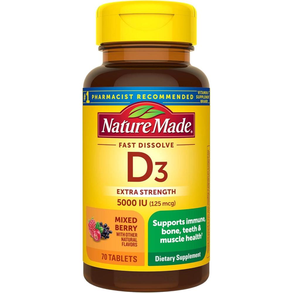 imageNature Made Vitamin D3 5000 IU 125 mcg Extra Strength Vitamin D Supplement for Immune Support 70 Sugar Free Fast Dissolve Tablets 70 Day Supply70 Count Pack of 1