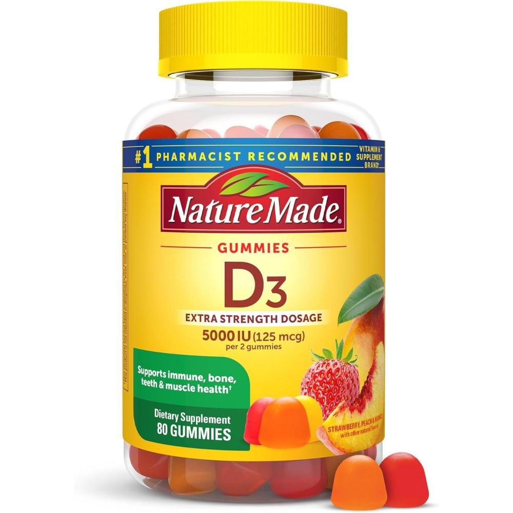 imageNature Made Vitamin D3 5000 IU Per Serving Gummies Extra Strength Bone and Immune Health Support 150 Vitamin D Gummies for Adults 75 Day SupplyStrawberry  Peach  Mango