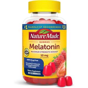 Nature Made Melatonin 10 mg per serving Gummies, Sleep Gummies for Adults Maximum Strength Dosage, 100% Drug Free Sleep Aid, 120 Count, 60 Day Supply(Strawberry)