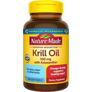 Nature Made Superior Absorption Krill Oil 500mg with Astaxanthin and Phospholipids, Omega 3 for Heart Health Support, Antarctic Krill Oil Supplement, 100 Softgels, 100 Day Supply