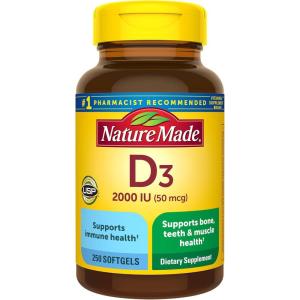 Nature Made Vitamin D3 2000 IU (50 mcg), Vitamin D Supplement for Bone, Teeth, Muscle and Immune Health Support, 250 Softgels, 250 Day Supply(250 Count (Pack of 1))