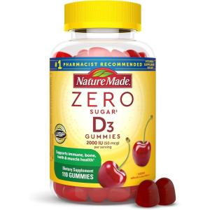 Nature Made Zero Sugar Vitamin D3 Gummies 2000 IU (50 mcg) Per Serving, Bone & Immune Support, Aspartame Free, 110 Vitamin D Gummies, 55 Day Supply(110 Count (Pack of 1))
