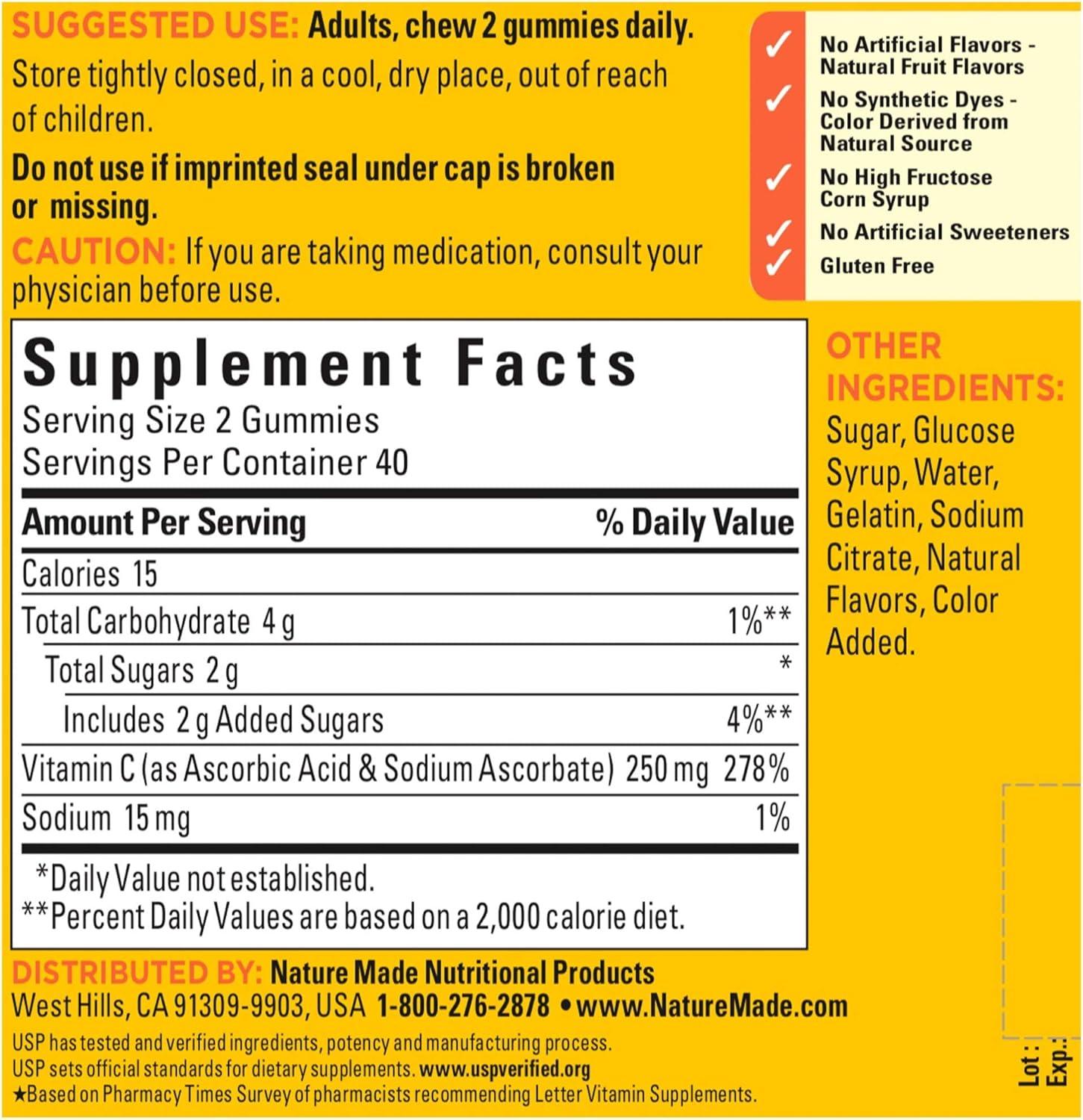 imageNature Made Vitamin C 250 mg Per Serving Dietary Supplement for Immune Support Vitamin C Gummies for Adults 150 Gummies 75 Day SupplyNo Artificial Sweeteners