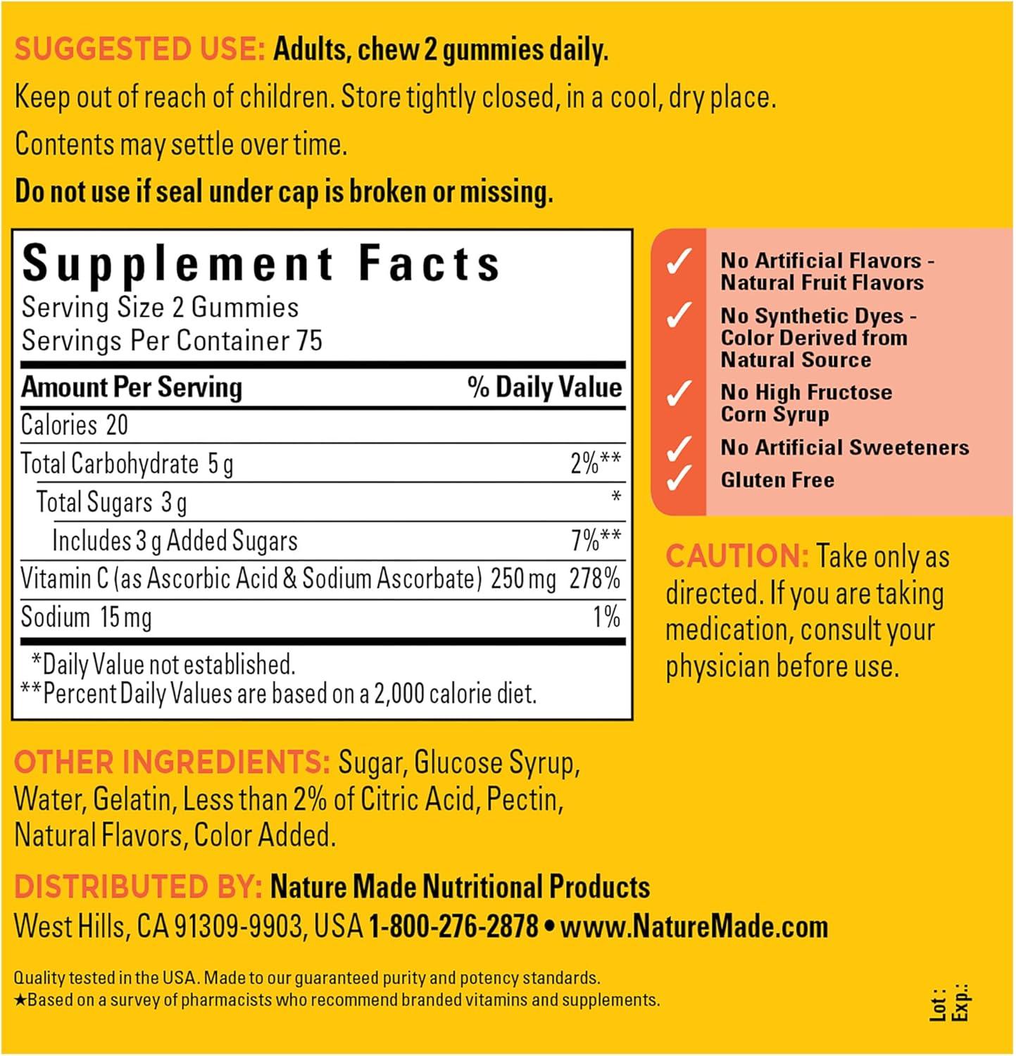 imageNature Made Vitamin C 250 mg Per Serving Dietary Supplement for Immune Support Vitamin C Gummies for Adults 150 Gummies 75 Day SupplyTangerine