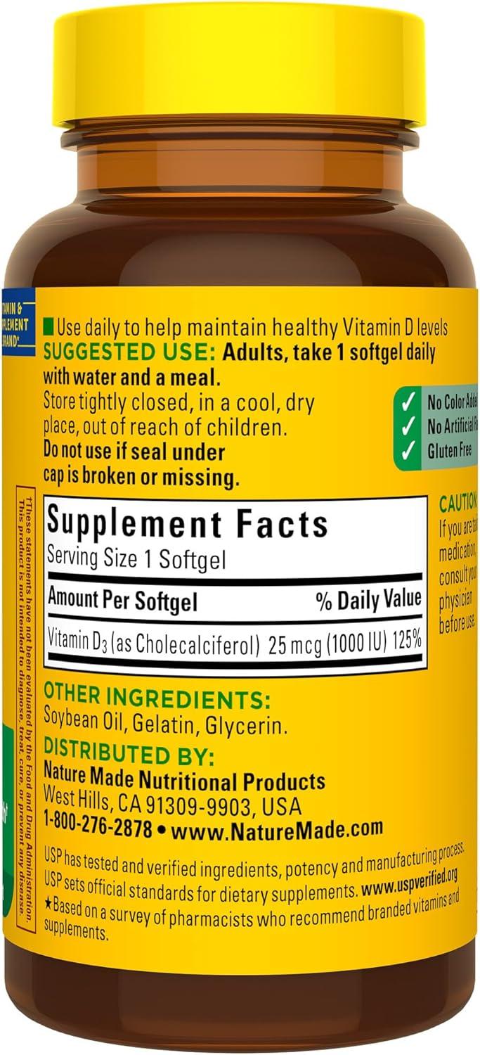 imageNature Made Vitamin D3 1000 IU 25 mcg Vitamin D Supplement for Bone Teeth Muscle and Immune Health Support 100 Softgels 100 Day Supply100 Count Pack of 1