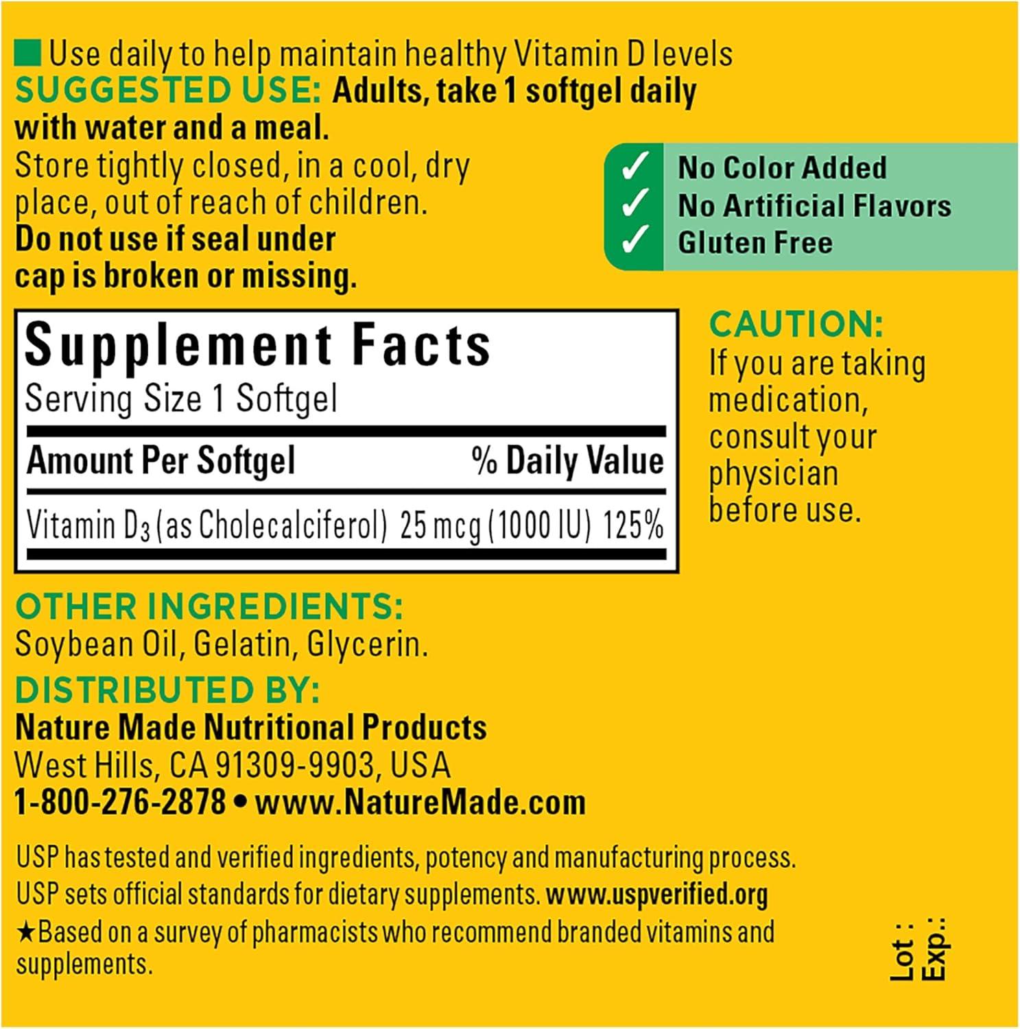 imageNature Made Vitamin D3 1000 IU 25 mcg Vitamin D Supplement for Bone Teeth Muscle and Immune Health Support 100 Softgels 100 Day Supply100 Count Pack of 1