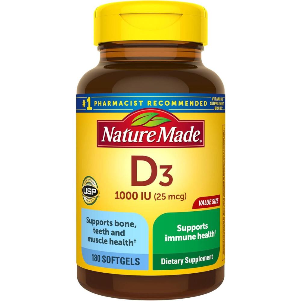 imageNature Made Vitamin D3 1000 IU 25 mcg Vitamin D Supplement for Bone Teeth Muscle and Immune Health Support 100 Softgels 100 Day Supply180 Count Pack of 1