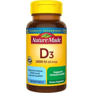 Nature Made Vitamin D3 1000 IU (25 mcg), Vitamin D Supplement for Bone, Teeth, Muscle and Immune Health Support, 100 Softgels, 100 Day Supply(100 Count (Pack of 1))