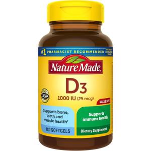 Nature Made Vitamin D3 1000 IU (25 mcg), Vitamin D Supplement for Bone, Teeth, Muscle and Immune Health Support, 100 Softgels, 100 Day Supply(180 Count (Pack of 1))