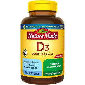 Nature Made Vitamin D3 1000 IU (25 mcg), Vitamin D Supplement for Bone, Teeth, Muscle and Immune Health Support, 100 Softgels, 100 Day Supply(300 Count (Pack of 1))