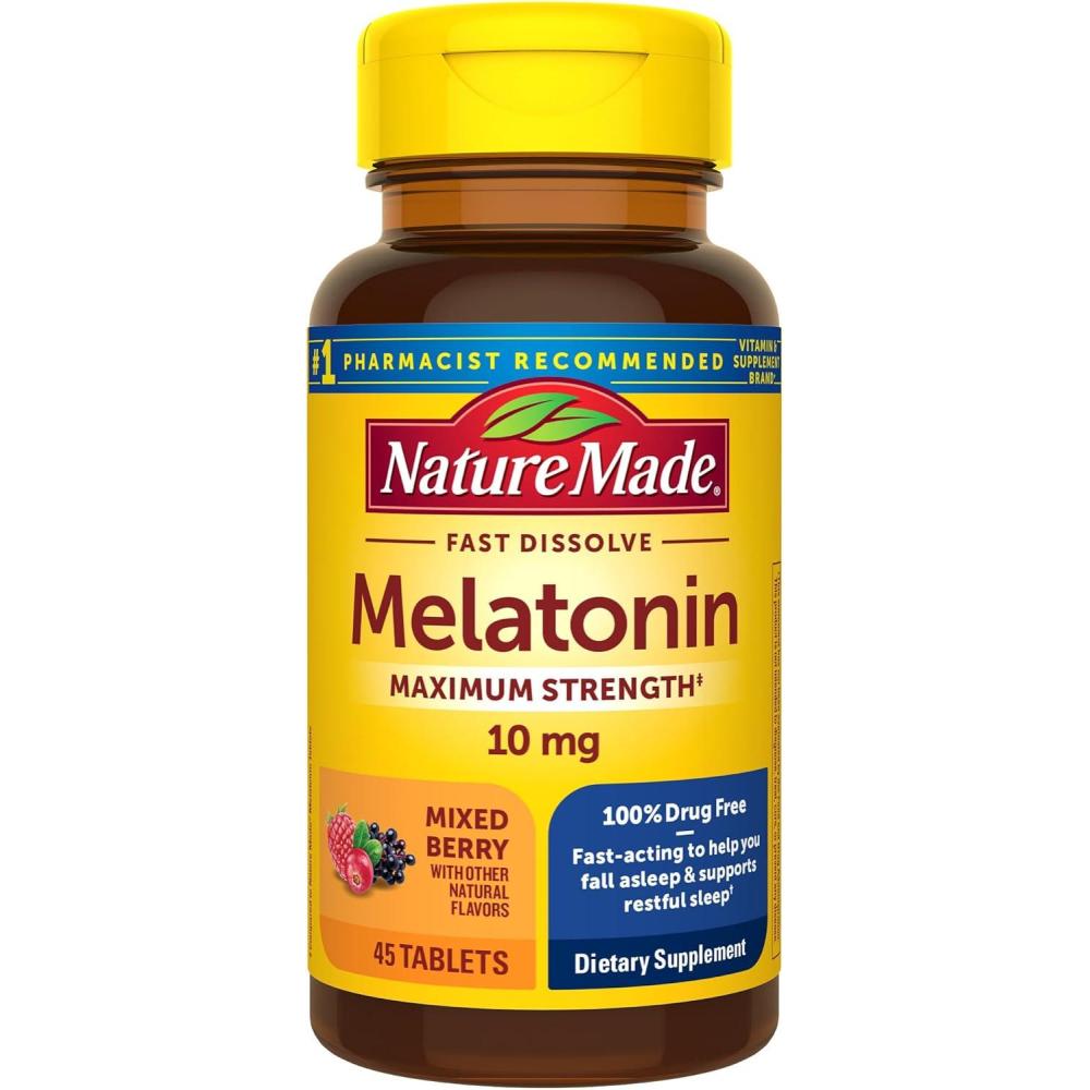 imageNature Made Melatonin 10mg Fast Dissolve Maximum Strength Nighttime Sleep Aid for Adults 100 DrugFree 45 Tablets