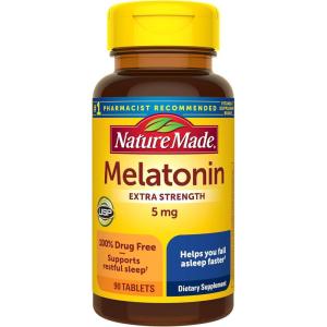 Nature Made Melatonin 5mg Tablets Extra Strength, 100% Drug Free Sleep Aid for Adults, 90 Tablets, 90 Day Supply(90 Count (Pack of 1))