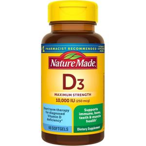 Nature Made Vitamin D3 10000 IU (250 mcg) Maximum Strength, Vitamin D Supplement for Bone and Immune Health Support, 60 Softgels, 60 Day Supply(60 Count (Pack of 1))