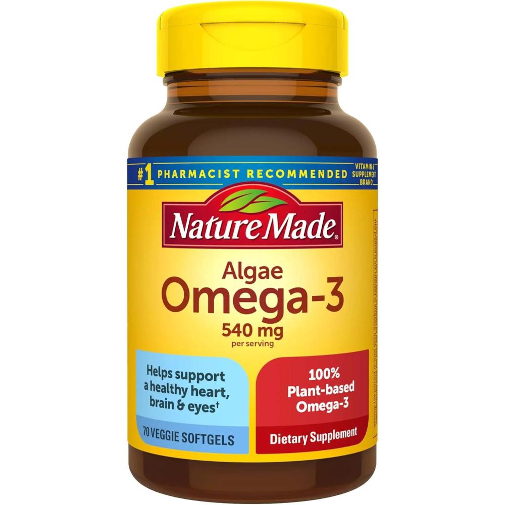 imageNature Made Algae Oil Omega 3 Supplement 540mg Omega 3 Fish Oil Alternative 70 Veggie Softgels Sustainable PlantBased for Healthy Heart Brain and Eye Support 70 Softgels70 Count Pack of 1