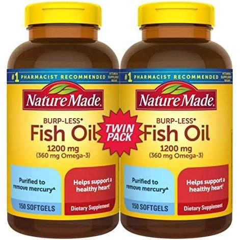 imageNature Made Burp Less Fish Oil Omega 3 Supplements 1200 mg Softgels Omega 3 Fish Oil for Healthy Heart Support 300 Softgels 150 Day Supply150 Count Pack of 2