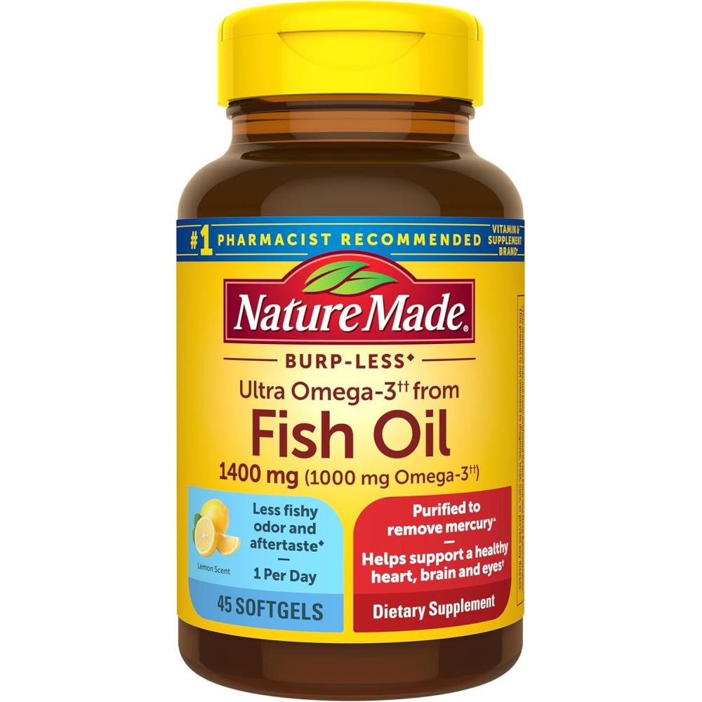 imageNature Made Burp Less Fish Oil Omega 3 Supplements 1200 mg Softgels Omega 3 Fish Oil for Healthy Heart Support 300 Softgels 150 Day Supply45 Count Pack of 1