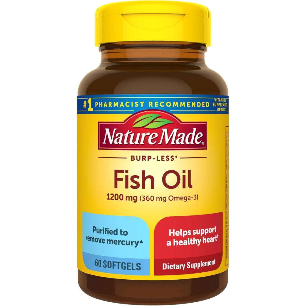 imageNature Made Burp Less Fish Oil Omega 3 Supplements 1200 mg Softgels Omega 3 Fish Oil for Healthy Heart Support 300 Softgels 150 Day Supply60 Count Pack of 1