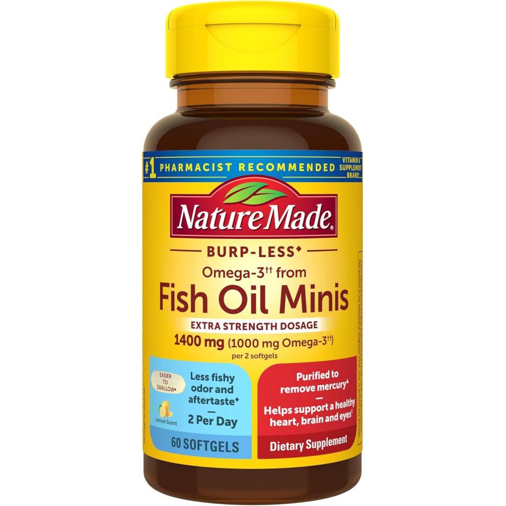 imageNature Made Extra Strength Burp Less Fish Oil Omega 3 Supplements 1400 mg Minis Omega 3 Fish Oil as Ethyl Esters for Healthy Heart Brain Eyes Support 60 Softgels 30 Day Supply