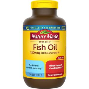 Nature Made Burp Less Fish Oil Omega 3 Supplements, 1200 mg Softgels, Omega 3 Fish Oil for Healthy Heart Support, 300 Softgels, 150 Day Supply(200 Count (Pack of 1))