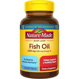 Nature Made Burp Less Fish Oil Omega 3 Supplements, 1200 mg Softgels, Omega 3 Fish Oil for Healthy Heart Support, 300 Softgels, 150 Day Supply(60 Count (Pack of 1))