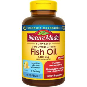 Nature Made Burp Less Fish Oil Omega 3 Supplements, 1200 mg Softgels, Omega 3 Fish Oil for Healthy Heart Support, 300 Softgels, 150 Day Supply(90 Count (Pack of 1))
