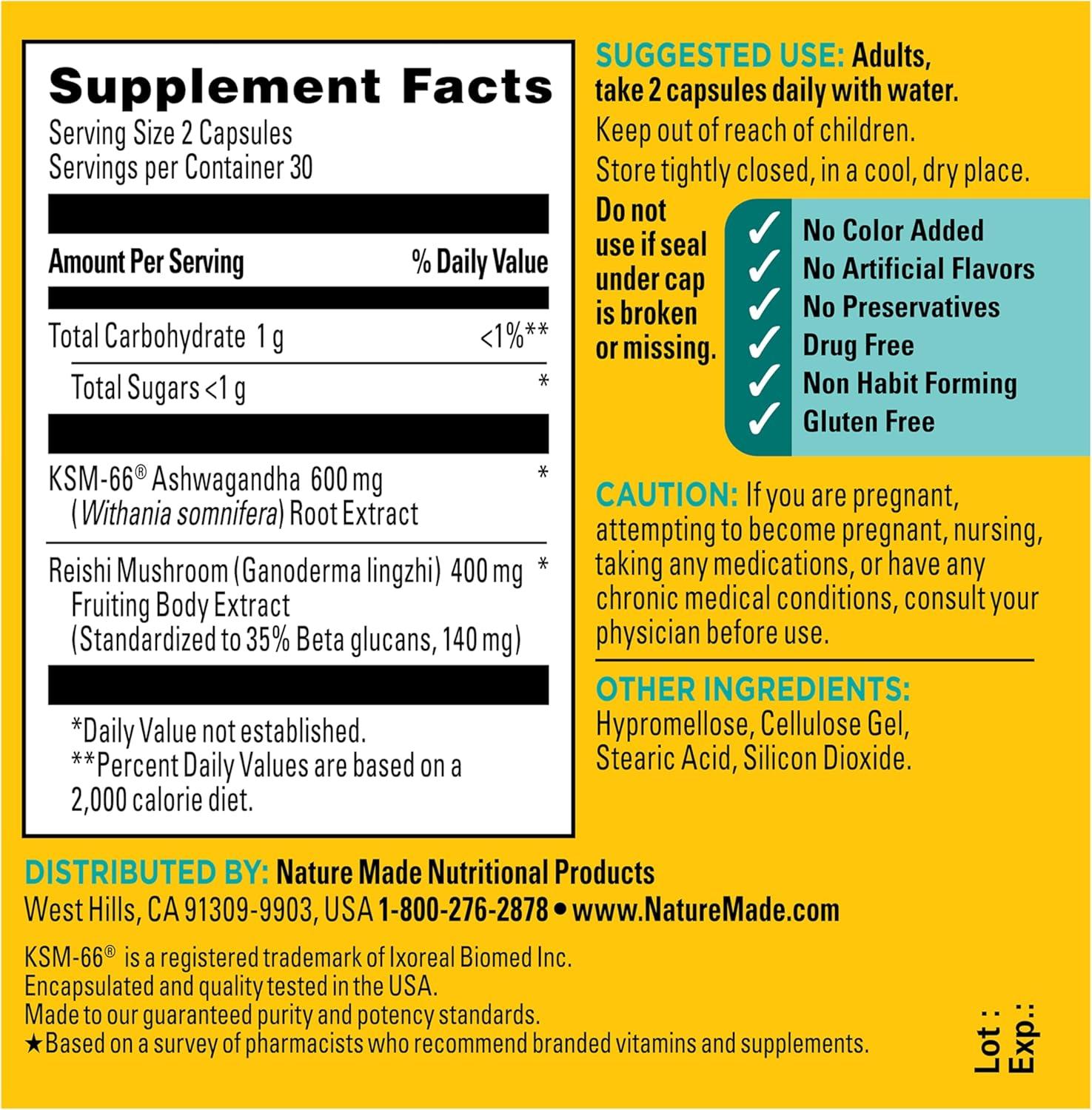 imageNature Made Ashwagandha KSM 66 Reishi Mushroom Capsules Stress Relief Blend Ashwagandha and Mushroom Supplement 60 Capsules 30 Day Supply