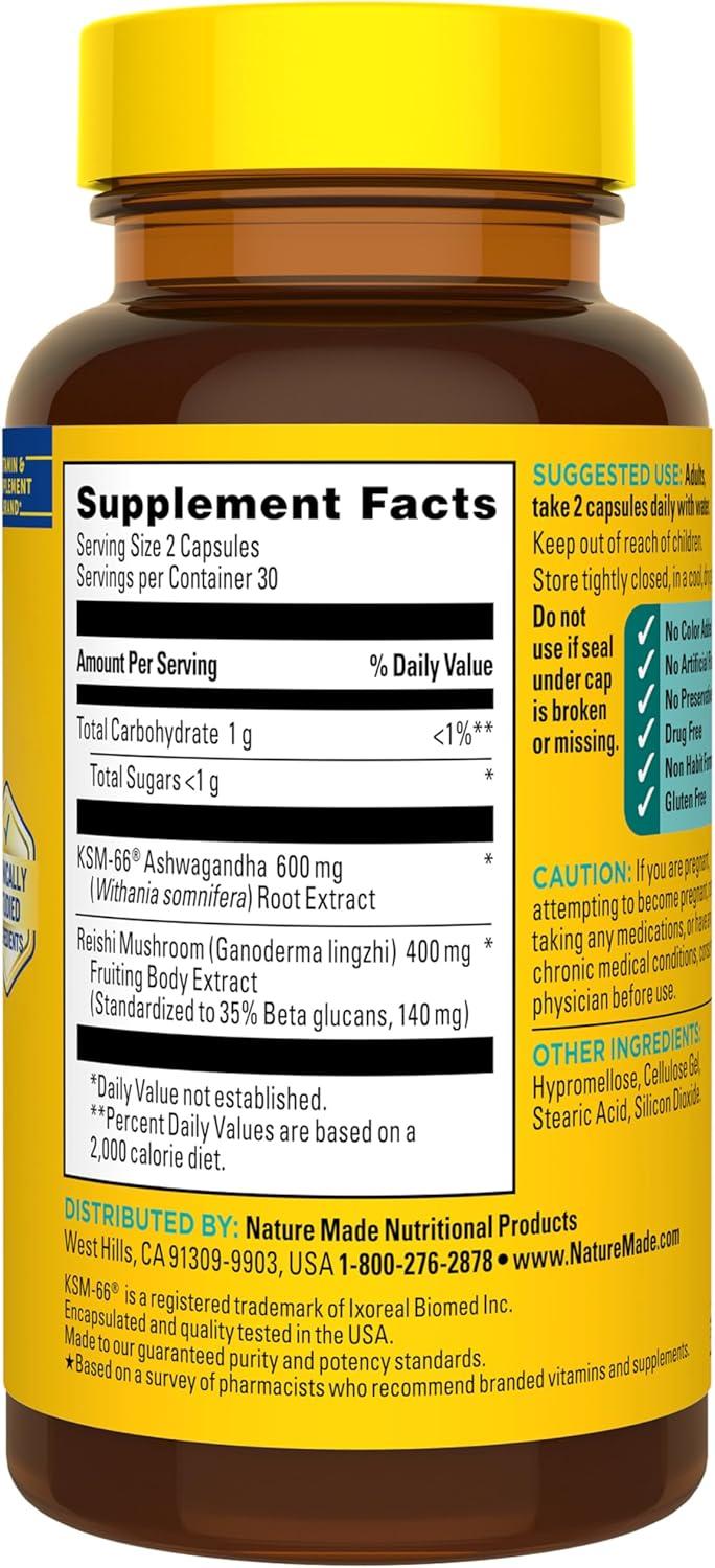 imageNature Made Ashwagandha KSM 66 Reishi Mushroom Capsules Stress Relief Blend Ashwagandha and Mushroom Supplement 60 Capsules 30 Day Supply