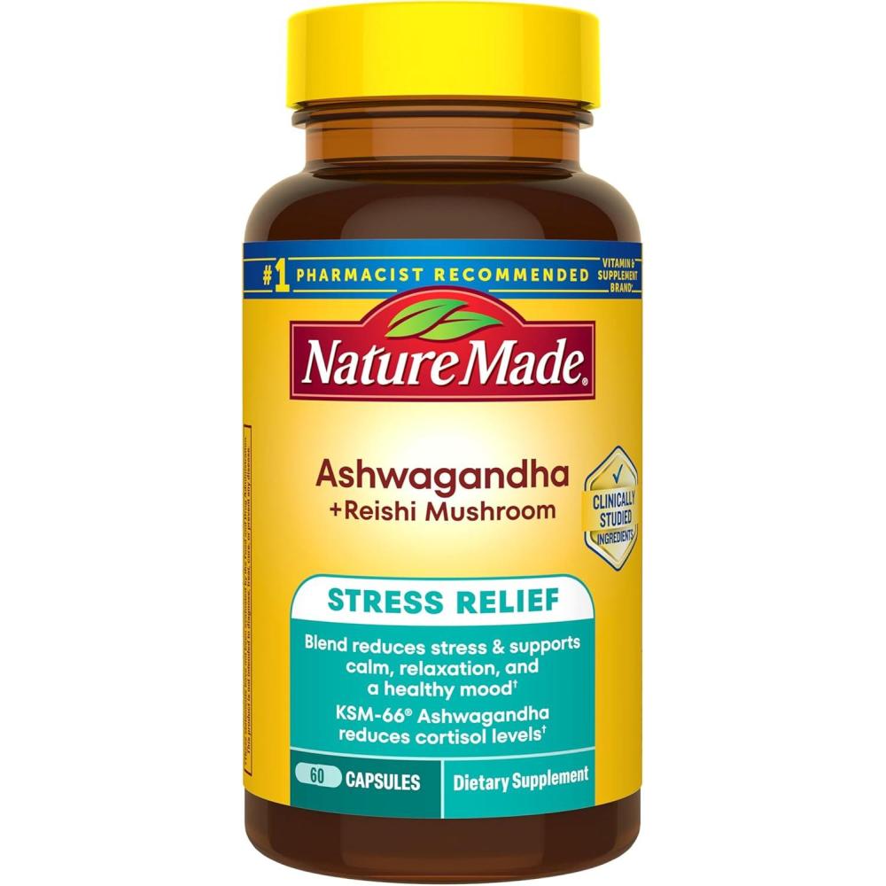 imageNature Made Ashwagandha KSM 66 Reishi Mushroom Capsules Stress Relief Blend Ashwagandha and Mushroom Supplement 60 Capsules 30 Day Supply