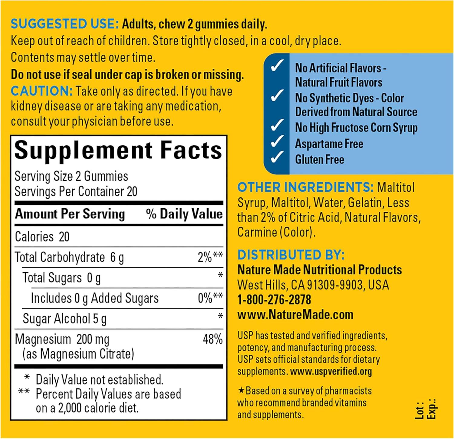 imageNature Made Zero Sugar Magnesium Citrate Gummies 200 Mg Per Serving Muscle amp Bone Support Aspartame Free 40 Sugar Free High Absorption Magnesium Gummies 20 Day Supply