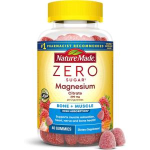 Nature Made Zero Sugar Magnesium Citrate Gummies 200 Mg Per Serving, Muscle & Bone Support, Aspartame Free, 40 Sugar Free High Absorption Magnesium Gummies, 20 Day Supply