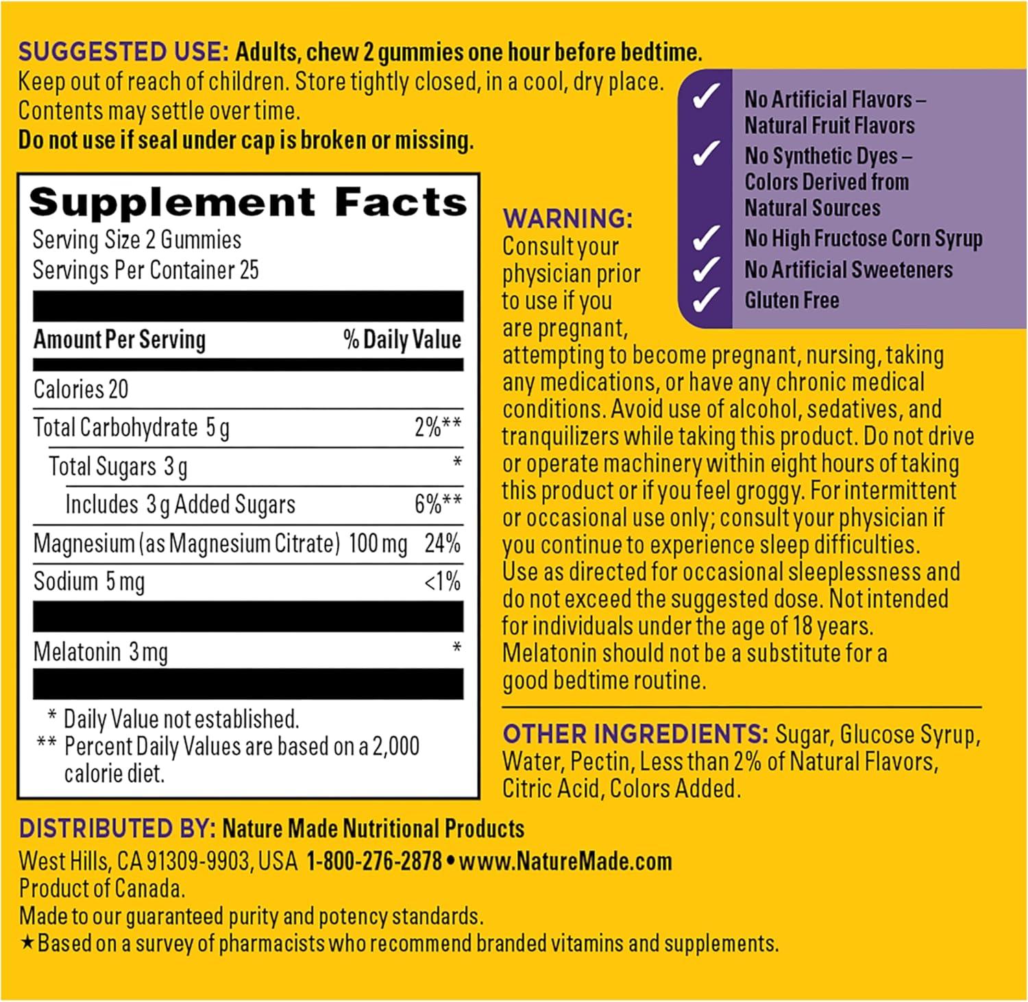 imageNature Made Melatonin Magnesium Gummies Sleep and Relax Support Melatonin 3mg NonHabit Forming Sleep Aid Magnesium Citrate 50 Gummies