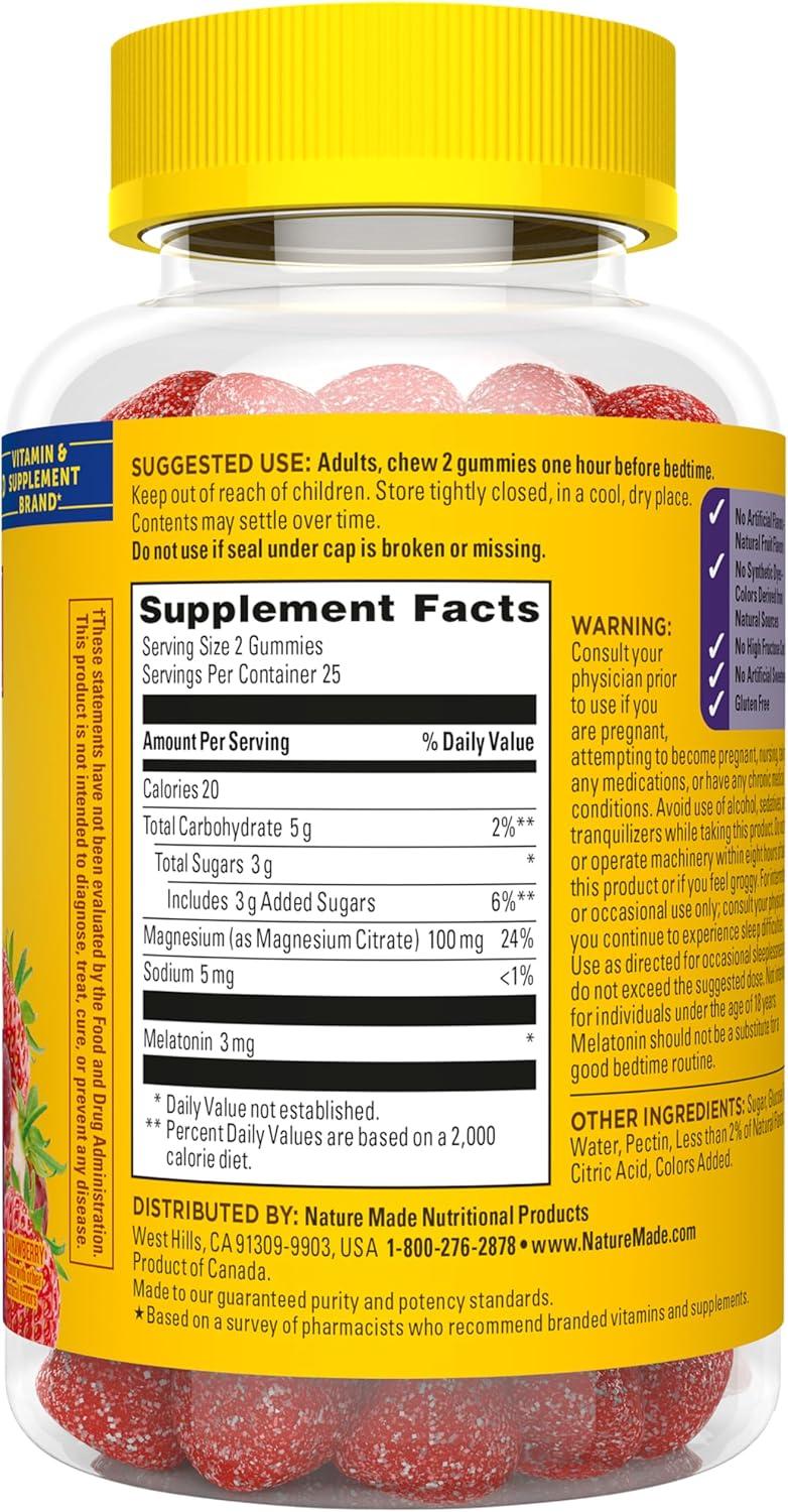 imageNature Made Melatonin Magnesium Gummies Sleep and Relax Support Melatonin 3mg NonHabit Forming Sleep Aid Magnesium Citrate 50 Gummies