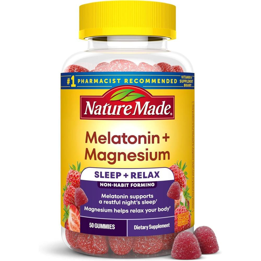 imageNature Made Melatonin Magnesium Gummies Sleep and Relax Support Melatonin 3mg NonHabit Forming Sleep Aid Magnesium Citrate 50 Gummies