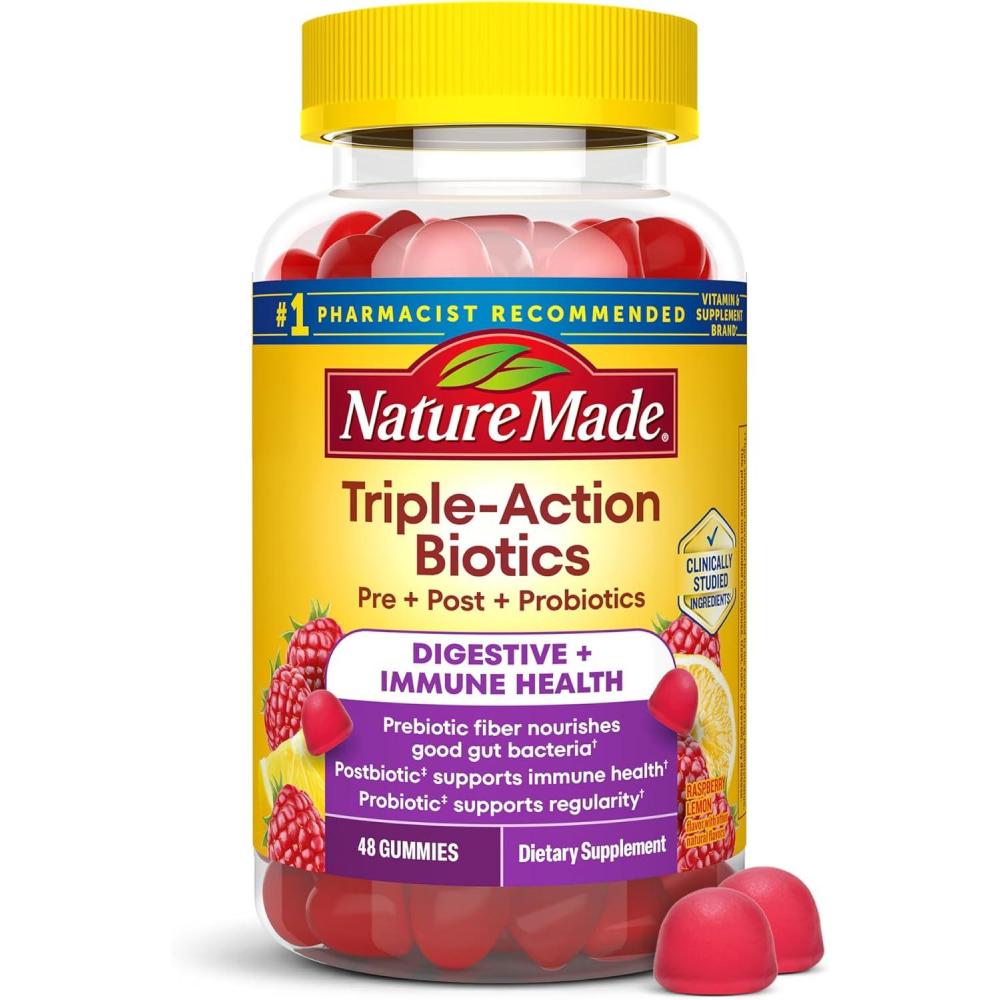 imageNature Made TripleAction Biotics Gut and Immune Health Support Digestive Probiotics for Women and Men Prebiotic Fiber Gummies 48 Gummies 24 Day Supply