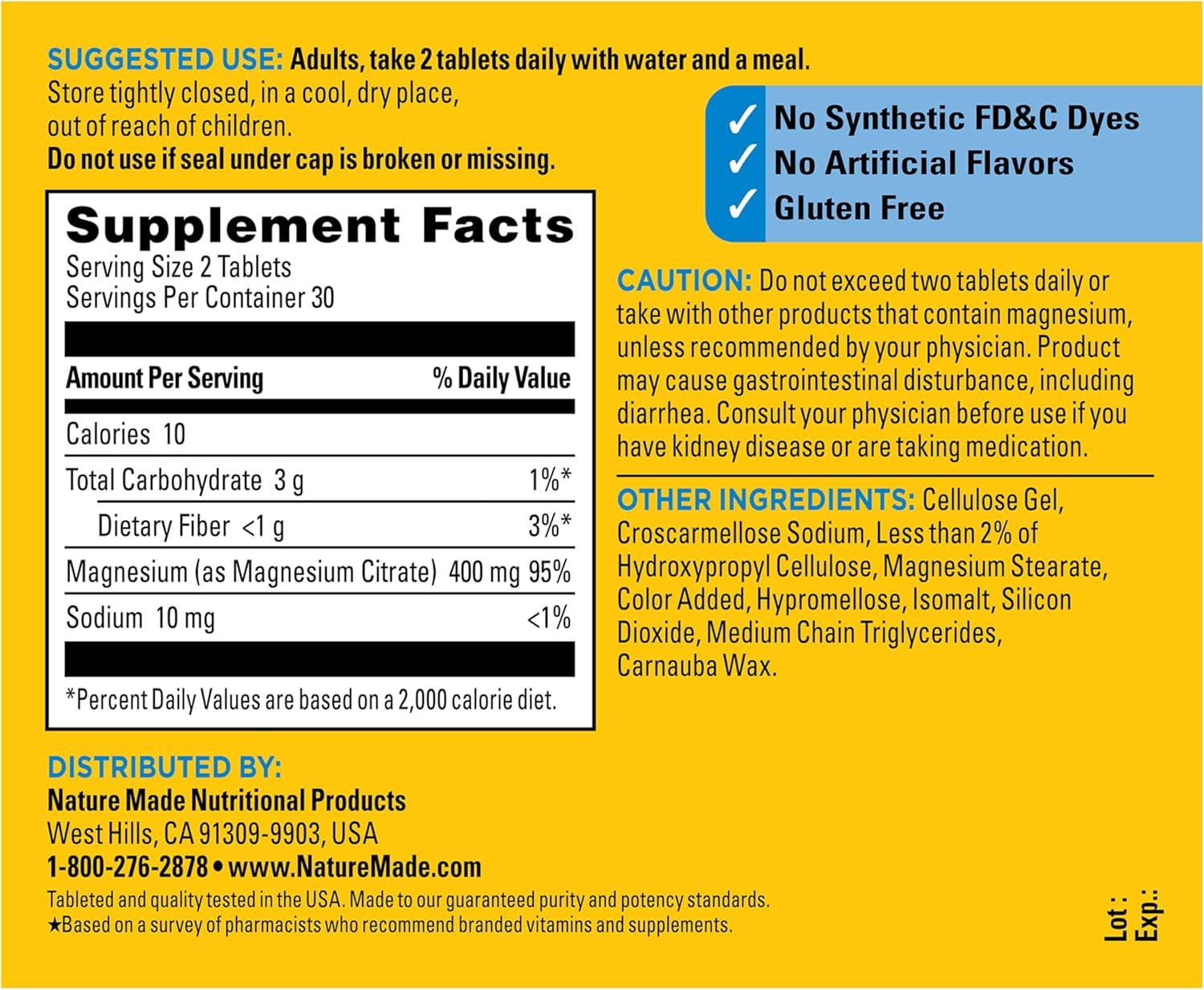 imageNature Made Extra Strength Dosage Magnesium Citrate Tablets High Absorption Magnesium Citrate 400mg Per Serving Bone and Muscle Support 60 Tablets 30 Day Supply
